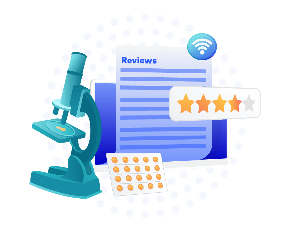 Graphic of a microscope, prescription pills, a review page, and a 4-star review icon.