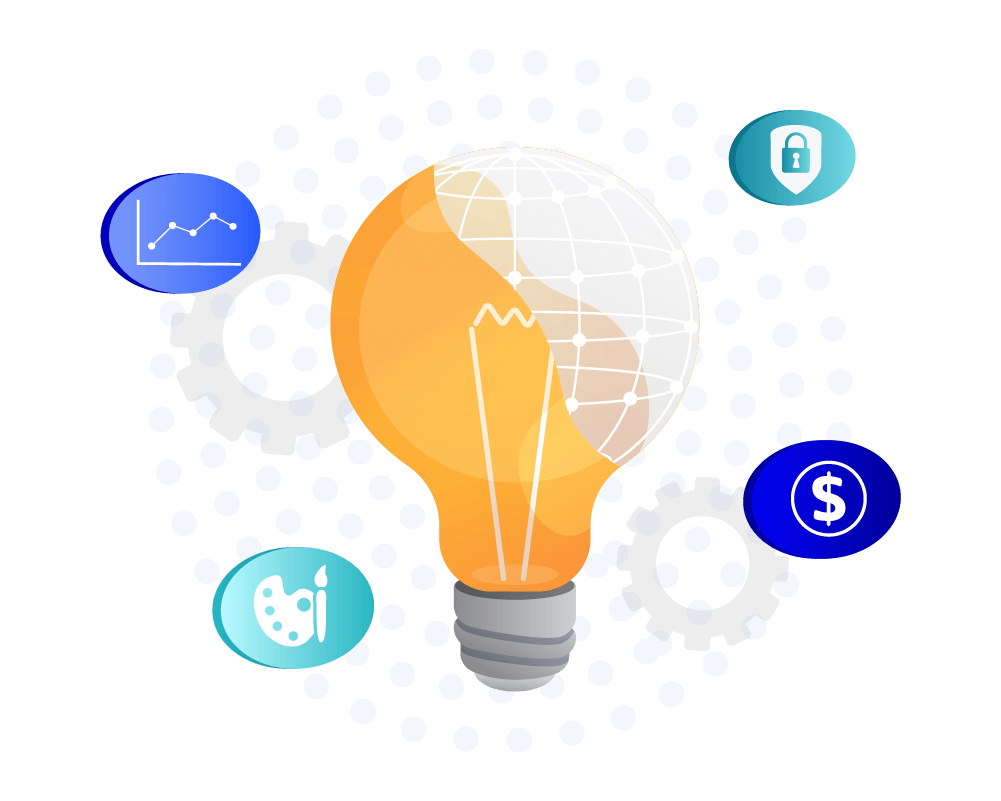 Graphic of a lightbulb with the outline of a globe inside of it, along with a line graph icon, paint canvas and brush icon, dollar sign icon, and a security lock icon.